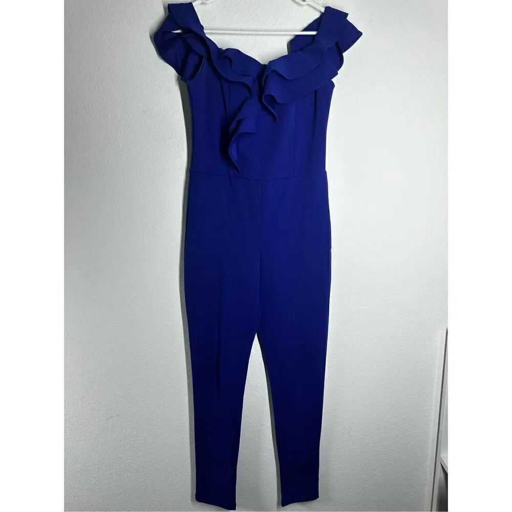 Cherry Mellow Womens Jumpsuit Blue Sleeveless V-Neck Ruffle One-Piece Size M